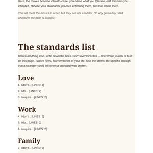 May include: A page from a journal titled The standards list, featuring sections for Love, Work, and Family. The text includes instructions on how to use the journal, followed by numbered prompts with placeholders for lines to write down personal standards.