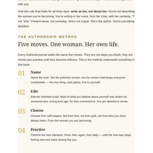 May include: A page from a book titled Future Self Journal for Women, featuring black text on a cream background. It outlines The Authorship Method with five moves: Name, Edit, Choose, Practice, and a final section, explaining how to write in her voice.