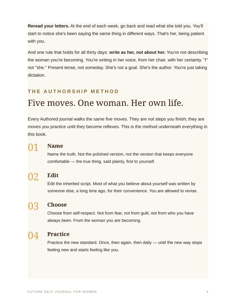 May include: A page from a book titled Future Self Journal for Women, featuring black text on a cream background. It outlines The Authorship Method with five moves: Name, Edit, Choose, Practice, and a final section, explaining how to write in her voice.