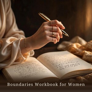 May include: A gold fountain pen held over an open book with handwritten cursive text. The book pages contain the visible phrases I will honor my boundaries, I choose myself, quietly, firmly, and Today I act with grace. The text is Boundaries Workbook for Women.