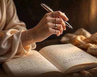 Op de afbeelding: Een gouden vulpen boven een open boek met handgeschreven cursieve tekst. De pagina's van het boek bevatten de zichtbare zinnen I will honor my boundaries, I choose myself, quietly, firmly en Today I act with grace. De tekst is Boundaries Workbook for Women.