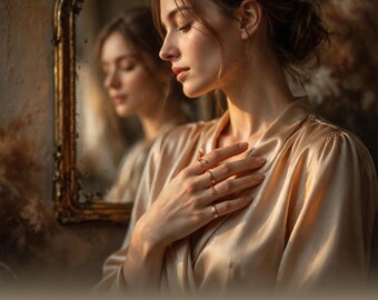 May include: A gold-colored satin blouse with a V-neckline and long sleeves. The garment features a smooth, reflective texture. The text 'Shadow Work Journal for Women' is printed in white at the bottom of the frame, centered below the subject.