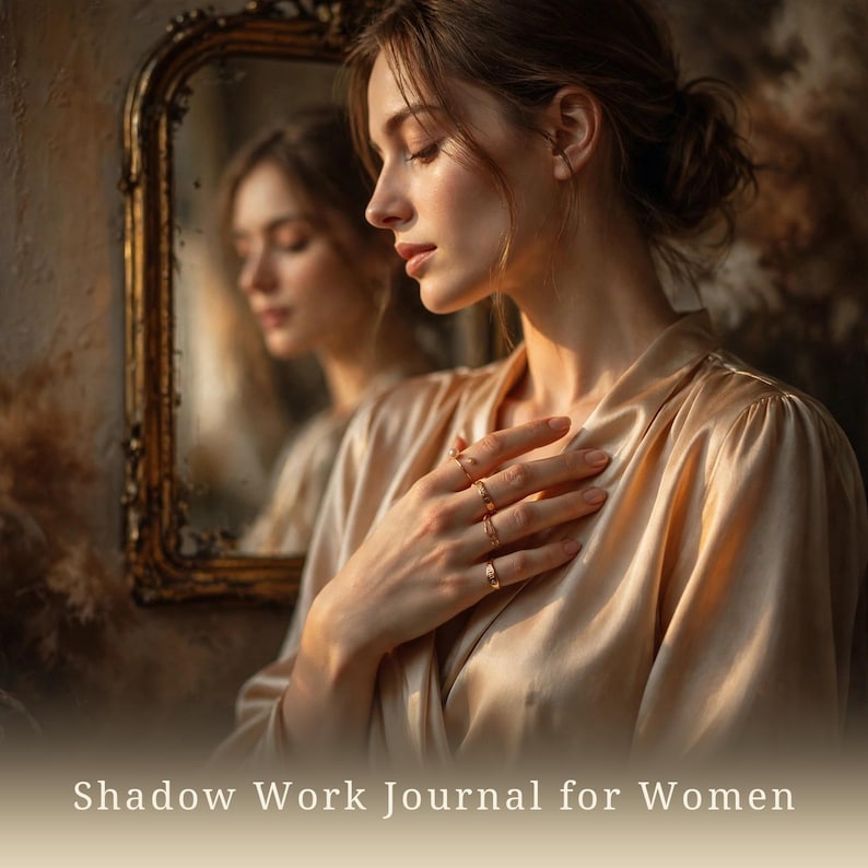 Op de afbeelding: Een goudkleurige satijnen blouse met een V-hals en lange mouwen. Het kledingstuk heeft een gladde, reflecterende textuur. De tekst 'Shadow Work Journal for Women' is in het wit onderaan het kader gedrukt, gecentreerd onder het onderwerp.