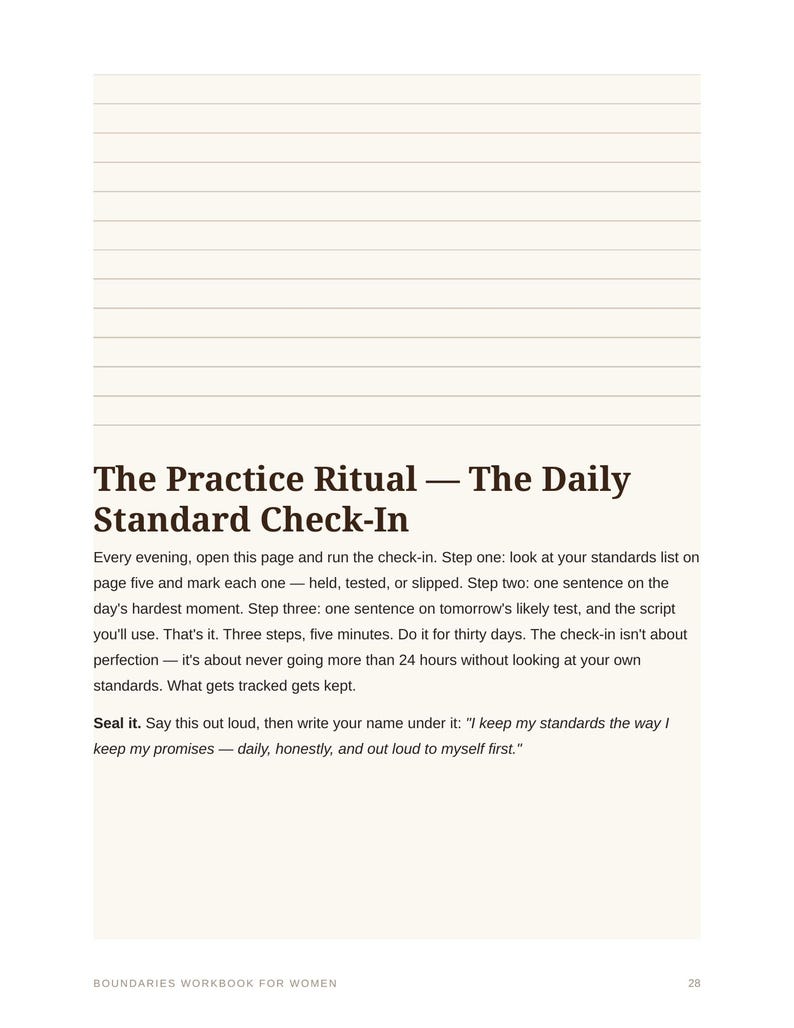 May include: A page from a workbook titled The Practice Ritual &mdash; The Daily Standard Check-In. It features lined space for writing, instructions for a three-step evening routine, and a concluding affirmation to be spoken aloud and signed.