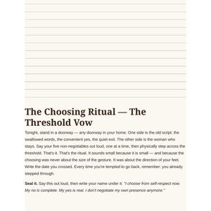 Op de afbeelding: Een pagina uit een schaduwwerk-dagboek met de titel The Choosing Ritual &mdash; The Threshold Vow. De tekst geeft instructies voor een ritueel waarbij men in een deuropening staat, niet-onderhandelbare zaken uitspreekt en een gelofte opschrijft.