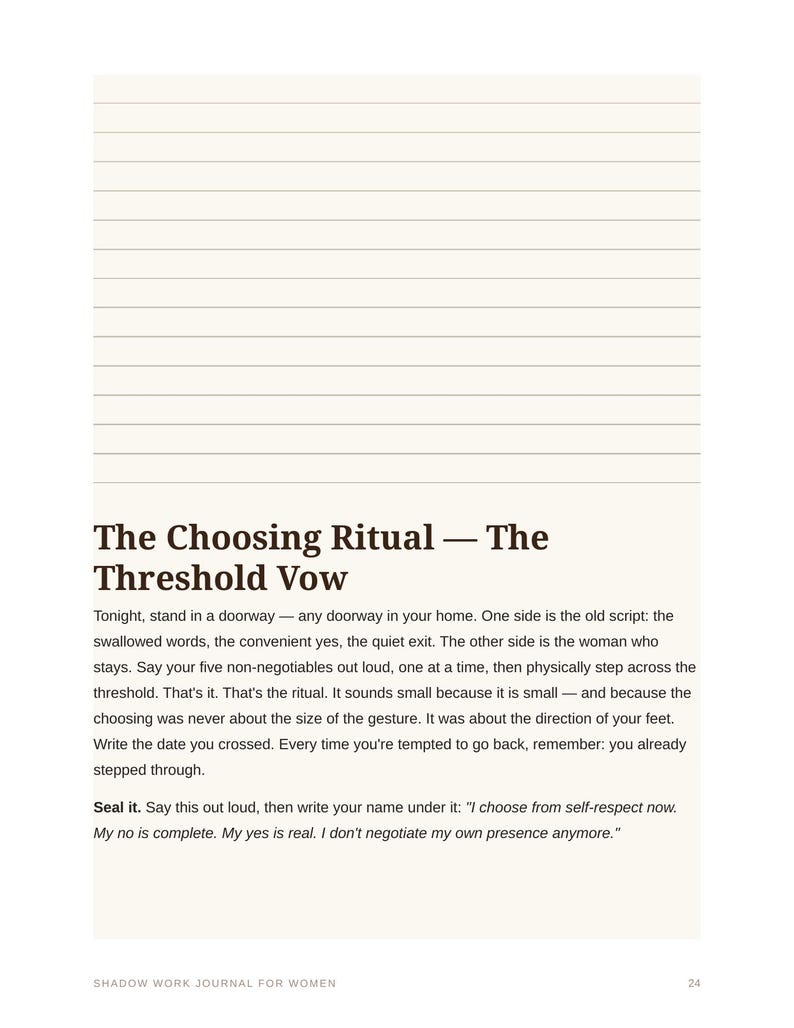 Op de afbeelding: Een pagina uit een schaduwwerk-dagboek met de titel The Choosing Ritual &mdash; The Threshold Vow. De tekst geeft instructies voor een ritueel waarbij men in een deuropening staat, niet-onderhandelbare zaken uitspreekt en een gelofte opschrijft.