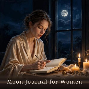May include: A journal with blank pages being written in with a pen, accompanied by a wax seal stamp, two lit candles, and a view of a full moon through a window. The text Moon Journal for Women is displayed at the bottom of the image.