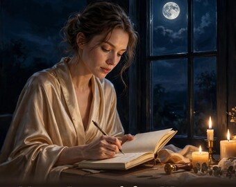 May include: A journal with blank pages being written in with a pen, accompanied by a wax seal stamp, two lit candles, and a view of a full moon through a window. The text Moon Journal for Women is displayed at the bottom of the image.