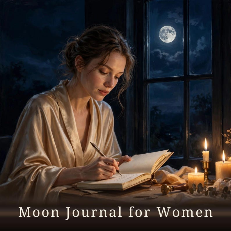 May include: A journal with blank pages being written in with a pen, accompanied by a wax seal stamp, two lit candles, and a view of a full moon through a window. The text Moon Journal for Women is displayed at the bottom of the image.