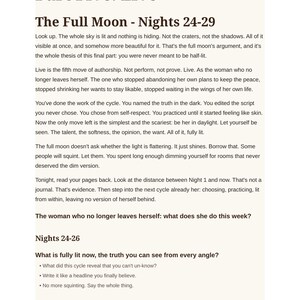 May include: A page from a book titled Part Five: Live, The Full Moon - Nights 24-29. The text discusses themes of self-acceptance and living authentically, featuring bulleted prompts for reflection and the footer text Moon Journal for Women, page 29.
