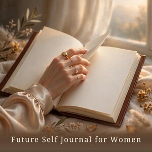 May include: An open journal with blank cream-colored pages and a dark brown leather cover. The text Future Self Journal for Women is printed at the bottom. A hand wearing four gold rings rests on the page, with gold-toned jewelry visible.