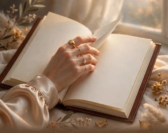 May include: An open journal with blank cream-colored pages and a dark brown leather cover. The text Future Self Journal for Women is printed at the bottom. A hand wearing four gold rings rests on the page, with gold-toned jewelry visible.