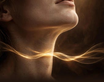 May include: A close-up view of a chin and neck area with a glowing, golden light wave flowing horizontally across the throat. The text Speak Your Truth Guided Journal is printed in white at the bottom against a dark, blurred background.