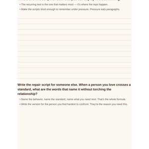 May include: A page from a workbook titled Boundaries Workbook for Women, page 24. It features prompts about testing standards and writing repair scripts, with blank lined sections for writing responses and instructions in black text on a cream background.
