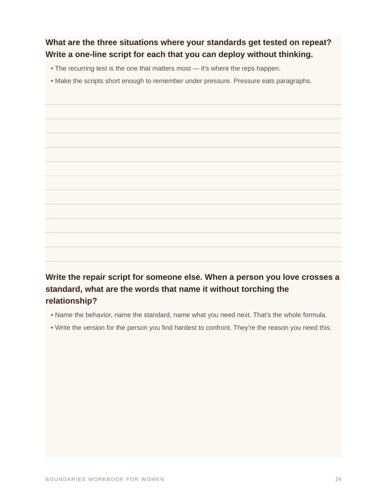 May include: A page from a workbook titled Boundaries Workbook for Women, page 24. It features prompts about testing standards and writing repair scripts, with blank lined sections for writing responses and instructions in black text on a cream background.