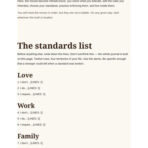 May include: A page from a journal titled The standards list, featuring sections for Love, Work, and Family. The text includes instructions on how to use the journal, followed by numbered prompts with placeholders for lines to write down personal standards.