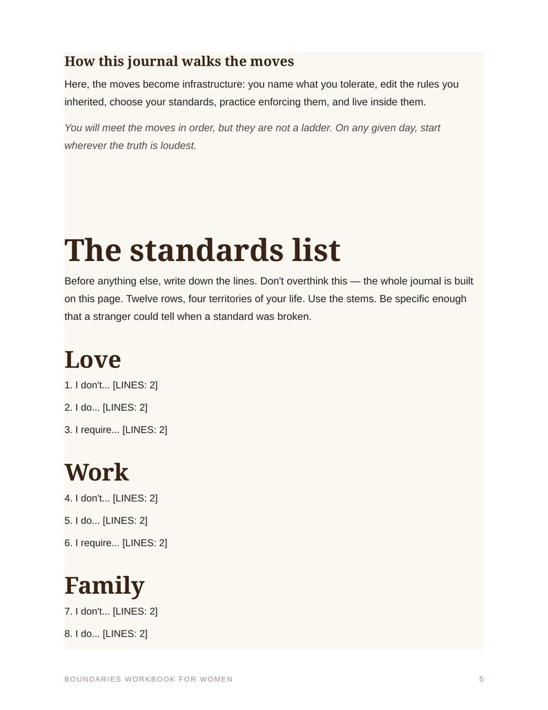 May include: A page from a journal titled The standards list, featuring sections for Love, Work, and Family. The text includes instructions on how to use the journal, followed by numbered prompts with placeholders for lines to write down personal standards.