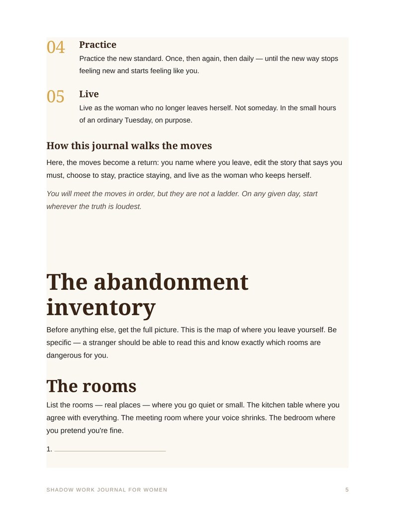 Op de afbeelding: Een pagina uit een Shadow Work Journal for Women met de tekst The abandonment inventory en The rooms. Het bevat genummerde secties 04 Practice en 05 Live, met instructies over hoe de oefeningen en prompts in het dagboek moeten worden gevolgd.