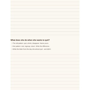 Op de afbeelding: Een dagboekpagina met horizontale lijnen en de tekst: What does she do when she wants to quit? The old pattern: quit, shrink, disappear. Name yours. Her pattern: rest, regroup, return. Write the difference. Write the letter from the day she almost quit - and didn't. Future Self Journal For Women 20.