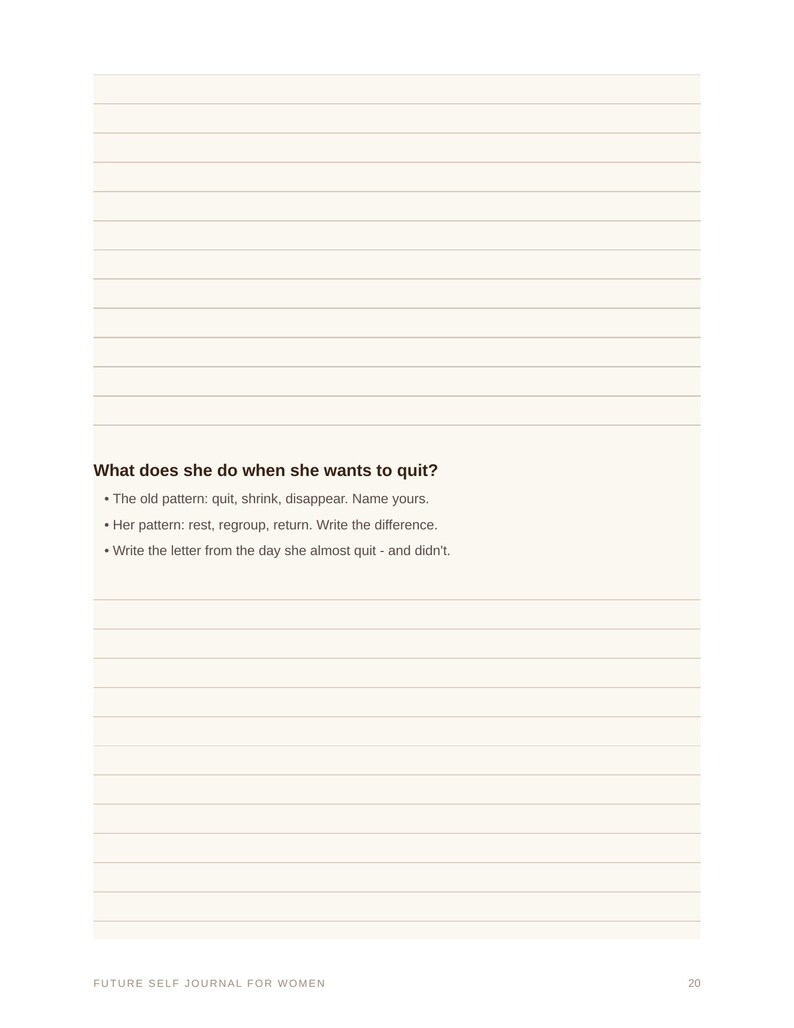 Op de afbeelding: Een dagboekpagina met horizontale lijnen en de tekst: What does she do when she wants to quit? The old pattern: quit, shrink, disappear. Name yours. Her pattern: rest, regroup, return. Write the difference. Write the letter from the day she almost quit - and didn't. Future Self Journal For Women 20.