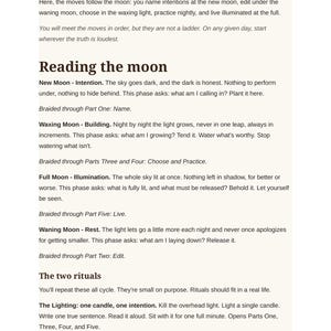 May include: A page from a moon journal with dark brown text on a cream background. The content includes sections titled How this journal walks the moves, Reading the moon, and The two rituals, detailing lunar phases and associated practices.