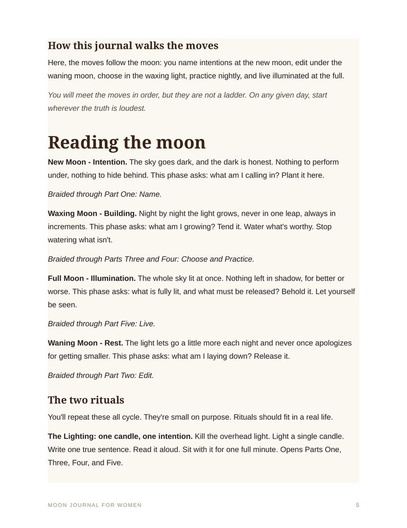 May include: A page from a moon journal with dark brown text on a cream background. The content includes sections titled How this journal walks the moves, Reading the moon, and The two rituals, detailing lunar phases and associated practices.