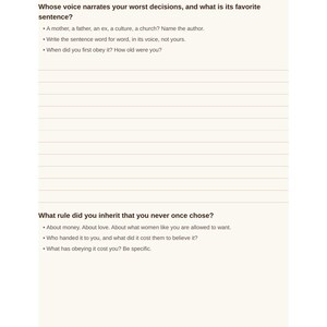 May include: A journal page titled Nights 6-8 featuring prompts about personal narratives and inherited rules. The text includes questions about voices narrating decisions and rules inherited without choice, with lined space for writing and page number 13.
