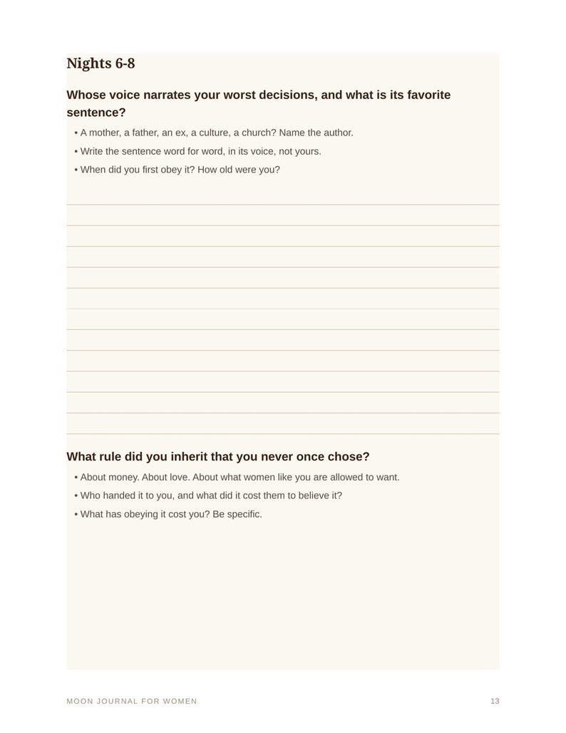 May include: A journal page titled Nights 6-8 featuring prompts about personal narratives and inherited rules. The text includes questions about voices narrating decisions and rules inherited without choice, with lined space for writing and page number 13.