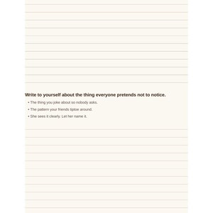 May include: A journal page with horizontal lines featuring the prompt: Write to yourself about the thing everyone pretends not to notice. It includes three bullet points: The thing you joke about so nobody asks, The pattern your friends tiptoe around, and She sees it clearly. Let her name it. The bottom text reads: FUTURE SELF JOURNAL FOR WOMEN 8.