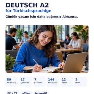 May include: A Caumio educational product titled DEUTSCH A2 für Türkischsprachige. It features a photograph of a person writing in a notebook with a laptop nearby. Below are icons listing 80 Workbook, 17 Çözümler, 7 Referans, 144 Flashcards, 12 Hören, and 2 HTML components.