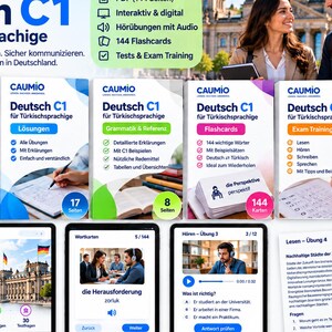 May include: A digital German C1 language learning set for Turkish speakers, featuring four books titled Deutsch C1 für Türkischsprachige, including solutions, grammar, flashcards, and exam training, alongside digital tablet interfaces showing exercises.