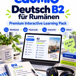 以下が含まれることがあります： ルーマニア語話者向けのCaumio Deutsch B2インタラクティブ学習パック。言語コースを表示したノートパソコン、B2目標リストが書かれたスパイラルノート、ドイツ語のテキストが印刷された白いマグカップ、ヘッドフォン、教育用ラベルが貼られた積み重ねられた本が含まれています。