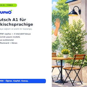 Könnte beinhalten: Ein digitaler Bildungsflyer für einen Deutschkurs mit dem Titel Deutsch A1 für Türkischsprachige. Er enthält eine Liste von Kursmaterialien wie 137 PDF-Seiten, 12 Alltagsmodule und 144 Lernkarten sowie eine Illustration eines Straßencafés.