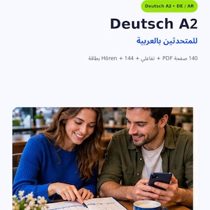 Könnte beinhalten: Ein weißes Bildungs-Produktcover mit dem Titel Deutsch A2 für Arabischsprachige, dem CAUMIO-Logo, Textdetails wie 140 Seiten, PDF und Audio sowie einem Foto von zwei Personen, die auf einen Kalender und ein Smartphone schauen.