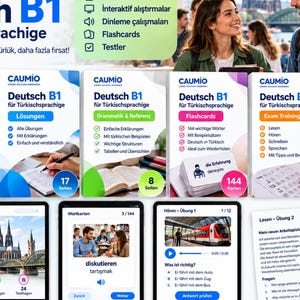 Könnte beinhalten: Eine Sammlung von Lehrmaterialien zum Deutschlernen auf B1-Niveau, bestehend aus gedruckten Heften mit der Aufschrift Deutsch B1 für Türkischsprachige, digitalen Lernkarten, Hörübungen und interaktiven Tests auf Tablets und Papierbögen.