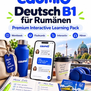 May include: A Caumio Deutsch B1 for Romanians premium interactive learning pack featuring a blue water bottle, a smartphone displaying a chat interface, a notebook with a green pen, a coffee cup, blue headphones, and a Berlin-themed card.