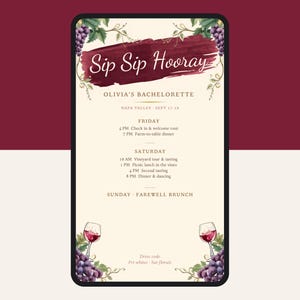Sip Sip Hooray Vrijgezellenfeest Programma Sjabloon, Bewerkbaar Canva Wijnstreek Vrijgezellenweekend Programma, Napa Vrijgezellenfeest Agenda