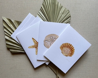 Greeting Cards Set of 3, Sand Dollar Starfish and Sea Shell Cards, 4.25" x 5.5" Blank Cards, Watercolor Painting Fine Art Cards