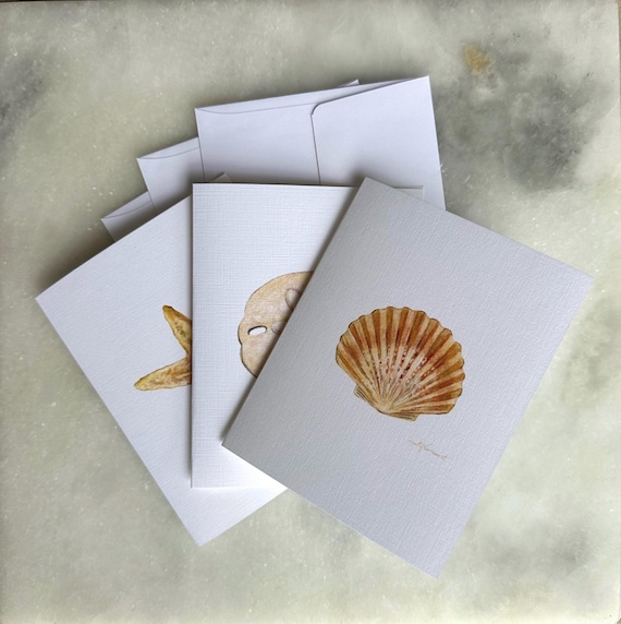 Assortment Minimalist Coastal Watercolor Greeting Cards-Folded Blank with Envelopes-Pack of 3-Beach Note Card Prints of Original Art