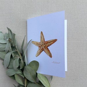 May include: A watercolor painting of a starfish on a light blue card. The starfish is a light brown color with orange accents. The artist's signature is in the bottom right corner.