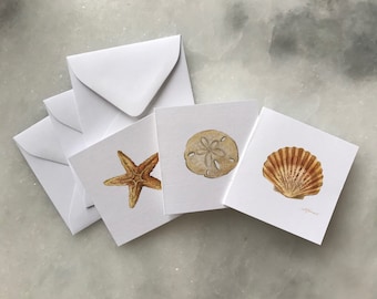 Assortment Coastal Folded Gift Enclosure Cards-Blank inside with Envelopes-Pack of 3-Square Gift Tags-Beach Note cards of Original Art