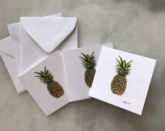 Pineapple Minimalist Coastal Gift Enclosure Cards-Folded Blank with Envelopes-Pack of 3-Square Gift Tags-Beach Note cards of Original Art