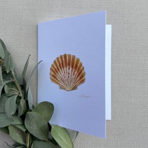 May include: A watercolor painting of a scallop shell on a light blue background. The shell is a light brown color with a white interior.