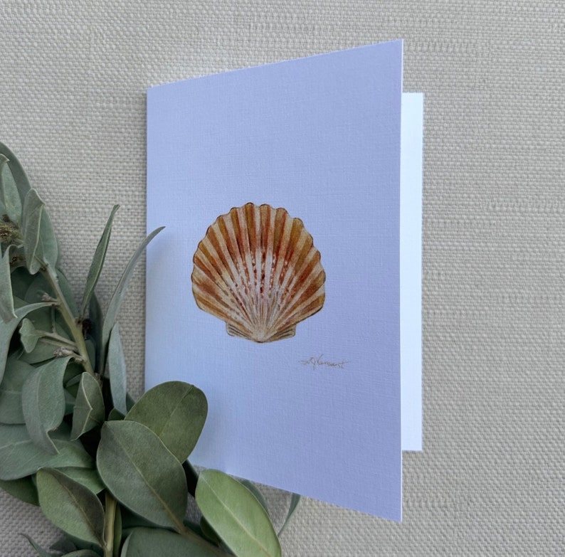 May include: A watercolor painting of a scallop shell on a light blue background. The shell is a light brown color with a white interior.