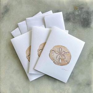 May include: A stack of white greeting cards with matching envelopes. Each card features a watercolor illustration of a sand dollar in shades of brown and tan. The cards have a textured surface and are arranged on a light green surface.