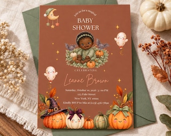 Halloween babyshower uitnodiging, bewerkbare Canva-sjabloon, terracotta pompoenen en spoken, printbaar + mobiel