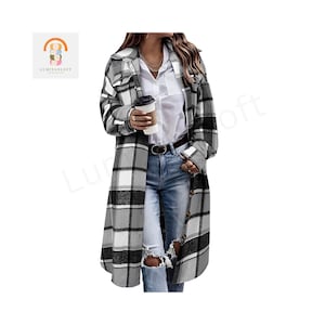 Chaqueta tipo sobrecamisa a cuadros para mujer, chaqueta larga abotonada, sobrecamisa de tartán con bolsillos.