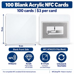Pode incluir: Um conjunto de 100 cartões NFC acrílicos brancos em branco, medindo 9 cm por 9 cm. A frente é lisa e vazia, enquanto o verso exibe uma antena de chip NTAG213 prateada visível. Os cartões são compatíveis com dispositivos iOS e Android com NFC.