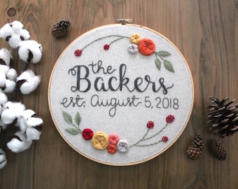 Family Name Floral Embroidery Hoop. Wedding Anniversary Wall Art. Wedding Date Decor. Wedding Shower Gift. Last Name Personalized Art.