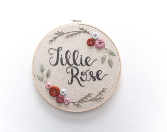 Calligraphy Style Baby Name Floral Embroidery Hoop. Baby Shower Gift. Baby Name Wall Art. Nursery Art. Wall Hanging.